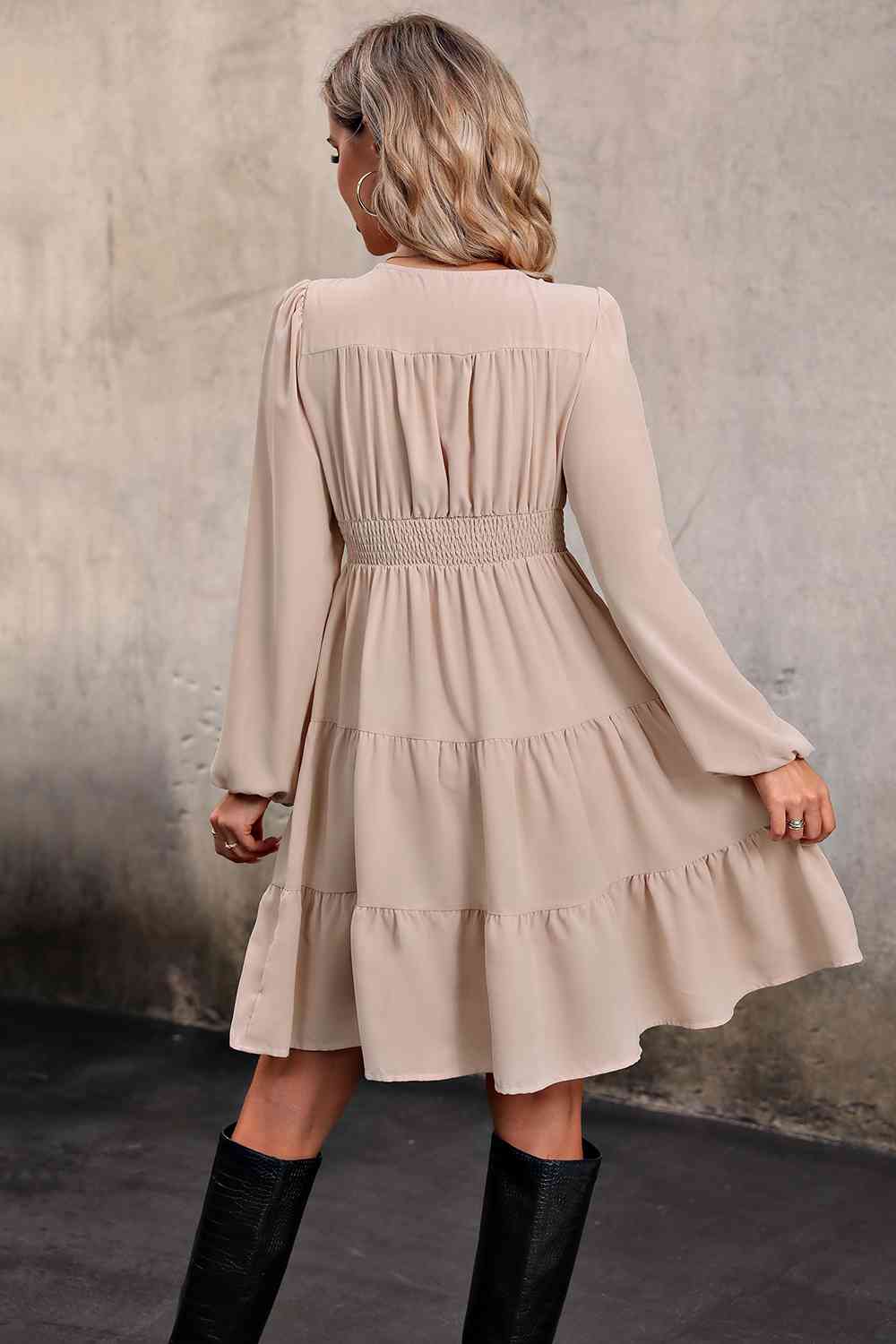 V Neck Button Up Tiered Dress - Charming Charlie