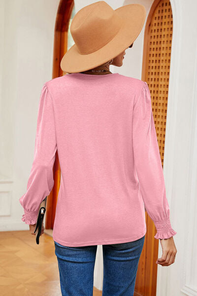Lace Detail V-Neck Lantern Sleeve T-Shirt - Charming Charlie