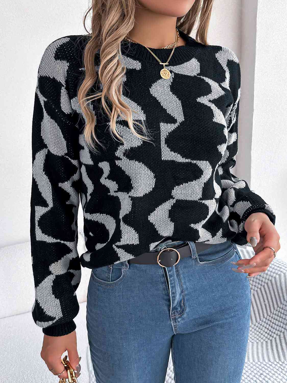 Round Neck Long Sleeve Sweater - Charming Charlie