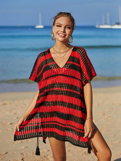Tassel Openwork Striped V-Neck Cover Up - Charming Charlie