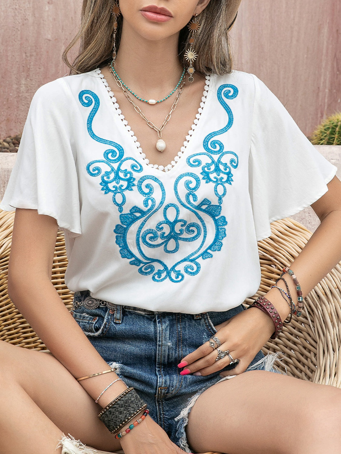 Graphic V-Neck Flutter Sleeve T-Shirt - Charming Charlie