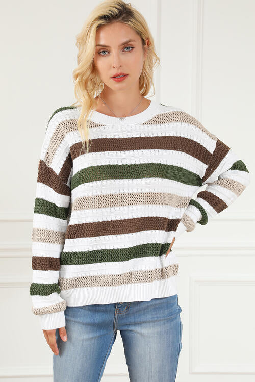 Striped Openwork Dropped Shoulder Sweater - Charming Charlie