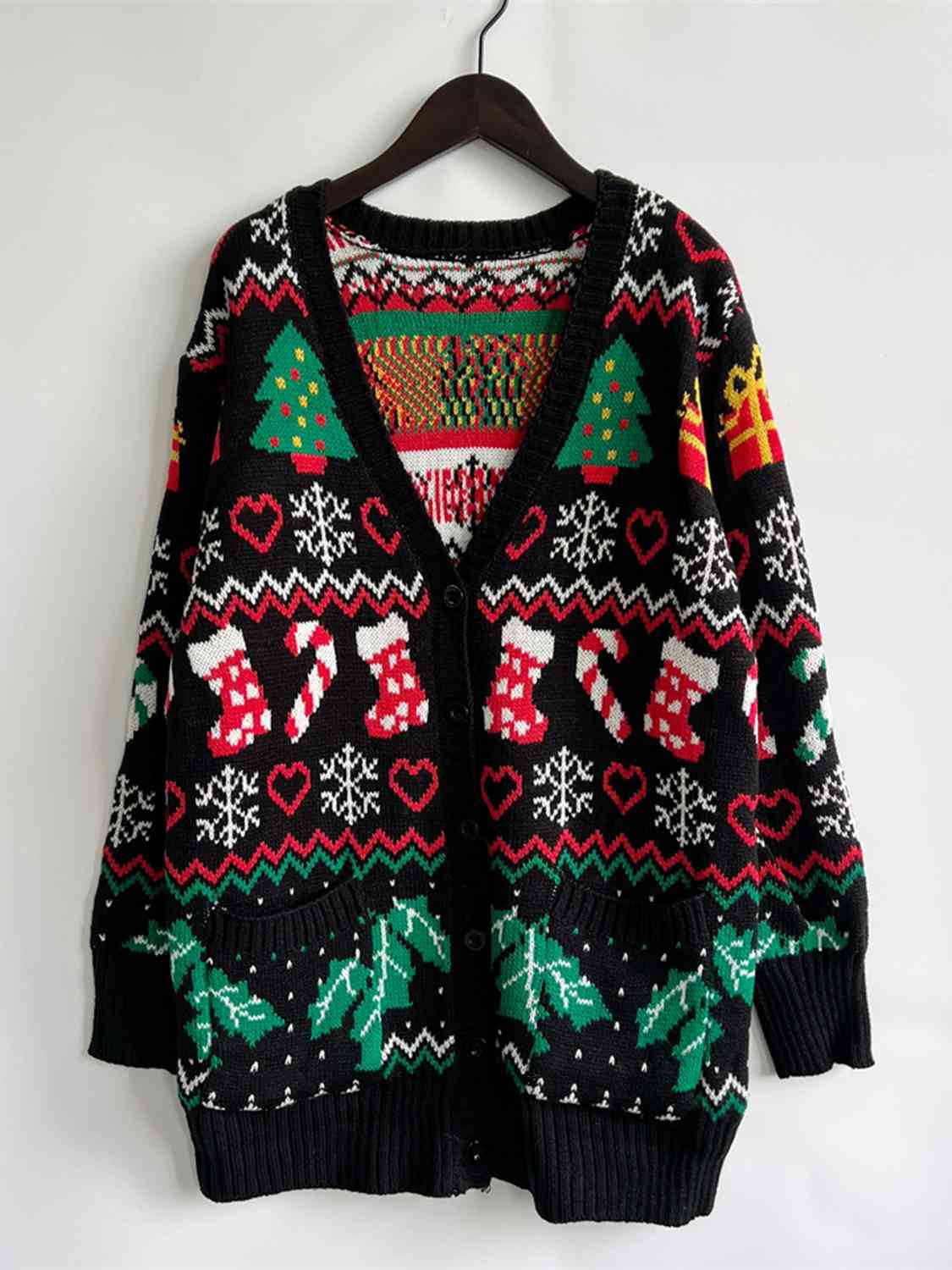 Printed Button Up V-Neck Long Sleeve Cardigan with Pockets - Charming Charlie