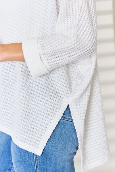 Zenana Full Size Waffle Knit V-Neck Long Sleeve Slit Top - Charming Charlie