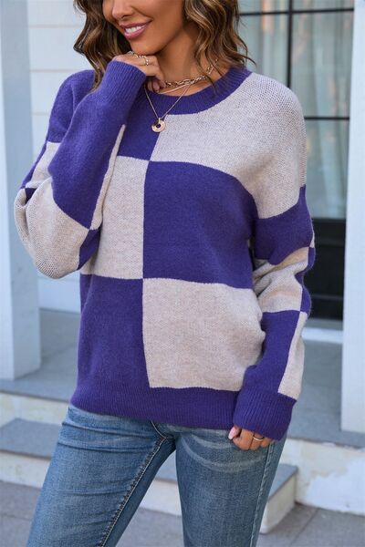 Color Block Round Neck Dropped Shoulder Sweater - Charming Charlie