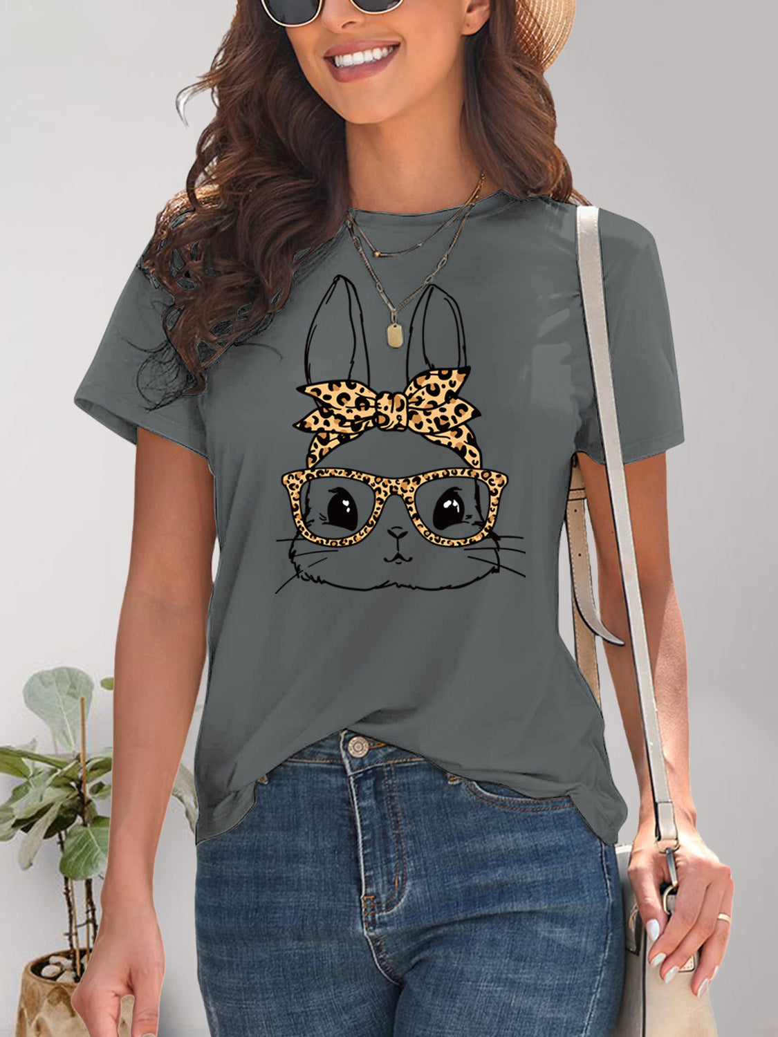 Rabbit Graphic Round Neck Short Sleeve T-Shirt - Charming Charlie