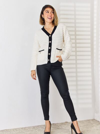 Contrast Trim Button Up Cardigan - Charming Charlie