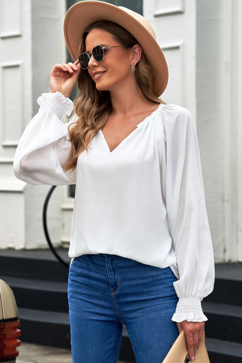 Notched Neck Lantern Sleeve Blouse - Charming Charlie