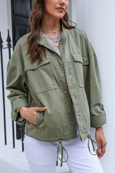Drawstring Snap Down Dropped Shoulder Denim Jacket - Charming Charlie