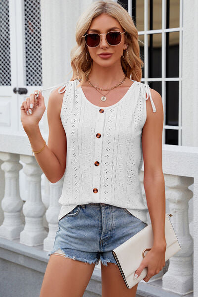 Eyelet Round Neck Wide Strap Tank - Charming Charlie