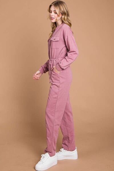 Culture Code Full Size Button Up Drawstring Waist Straight Jumpsuit - Charming Charlie