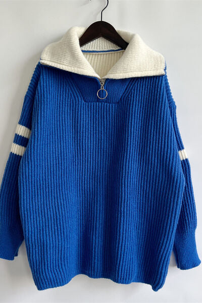 Quarter Zip Striped Dropped Shoulder Sweater - Charming Charlie