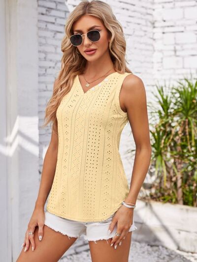 Eyelet Decorative Button V-Neck Tank - Charming Charlie
