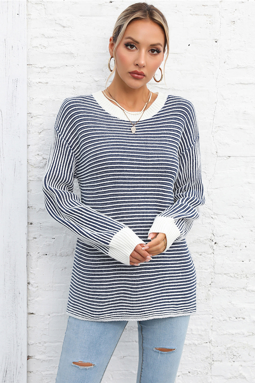 Striped Round Neck Long Sleeve Knit Top - Charming Charlie