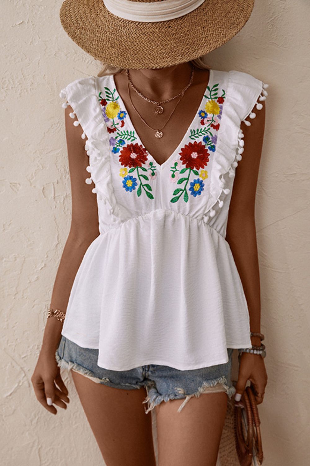 Embroidered Pom-Pom Trim Cap Sleeve Babydoll Top - Charming Charlie