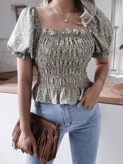 Frill Smocked Square Neck Short Sleeve Blouse - Charming Charlie