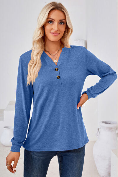 Notched Button Detail Long Sleeve T-Shirt - Charming Charlie