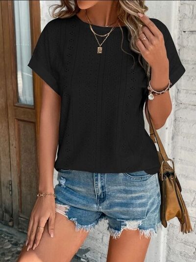 Eyelet Round Neck Short Sleeve T-Shirt - Charming Charlie