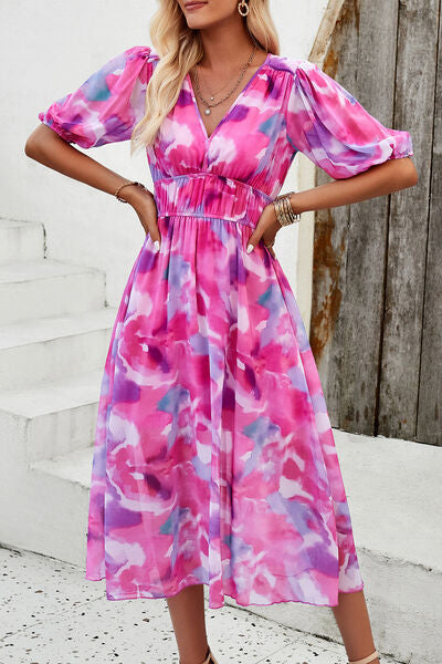 Smocked Printed V-Neck Short Sleeve Dress - Charming Charlie