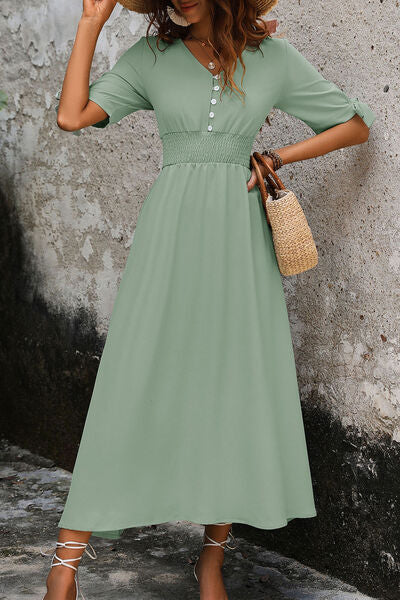 Smocked Quarter Button Short Sleeve Dress - Charming Charlie