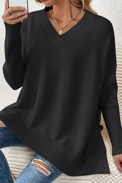 Slit V-Neck Dropped Shoulder Sweater - Charming Charlie
