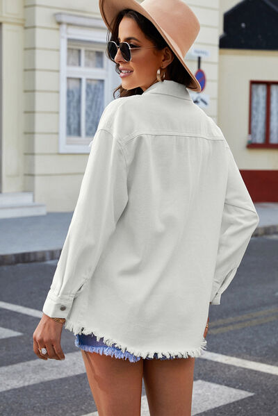 Button Up Pocketed Raw Hem Denim Jacket - Charming Charlie