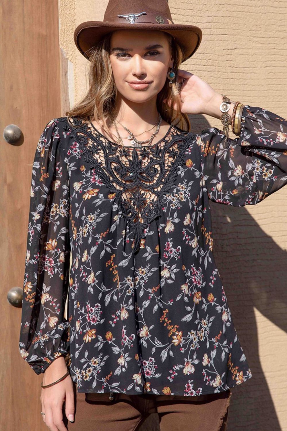 Printed Round Neck Long Sleeve Blouse - Charming Charlie