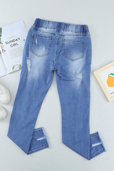 Drawstring Distressed Raw Hem Jeans with Pockets - Charming Charlie