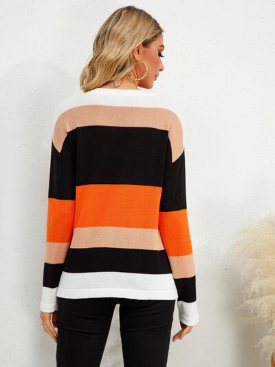 Striped Round Neck Dropped Shoulder Sweater - Charming Charlie