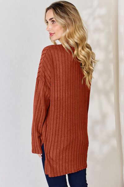 Basic Bae Full Size Ribbed Half Button Long Sleeve High-Low T-Shirt - Charming Charlie