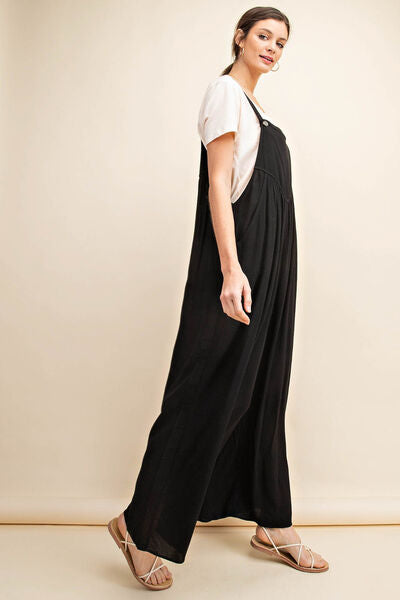 Kori America Full Size Sleeveless Ruched Wide Leg Overalls - Charming Charlie