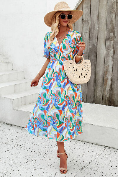Smocked Printed V-Neck Short Sleeve Dress - Charming Charlie