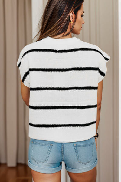 Striped Round Neck Cap Sleeve Sweater - Charming Charlie