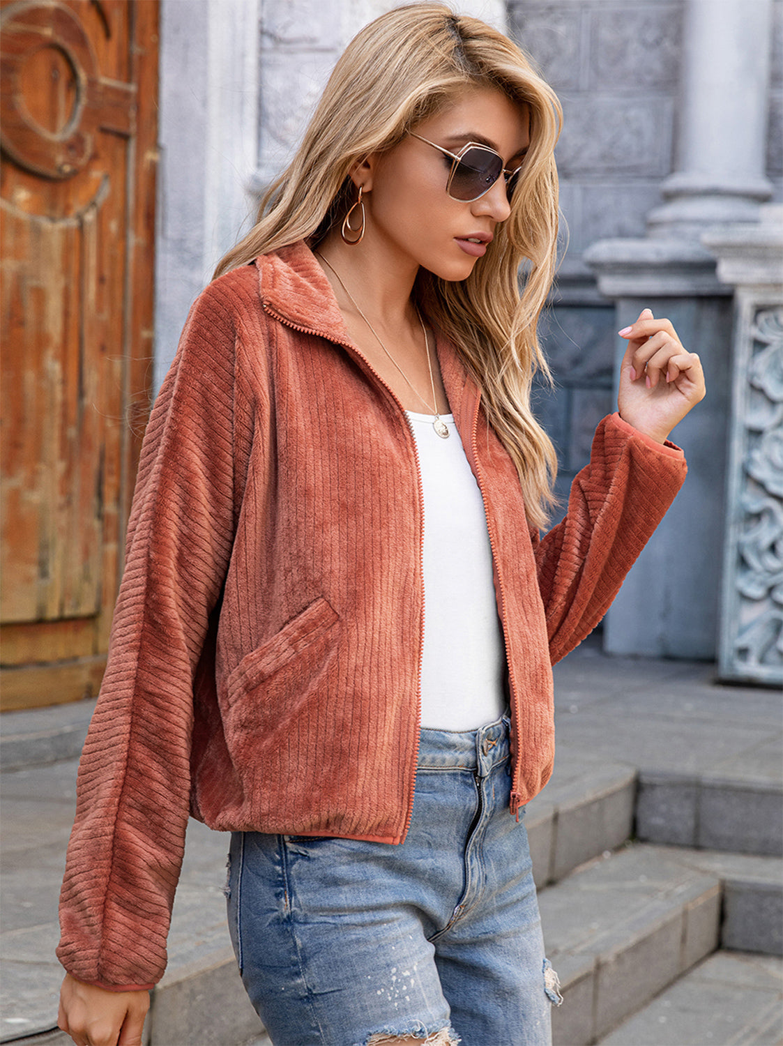 Zip-Up Collared Jacket with Pockets - Charming Charlie