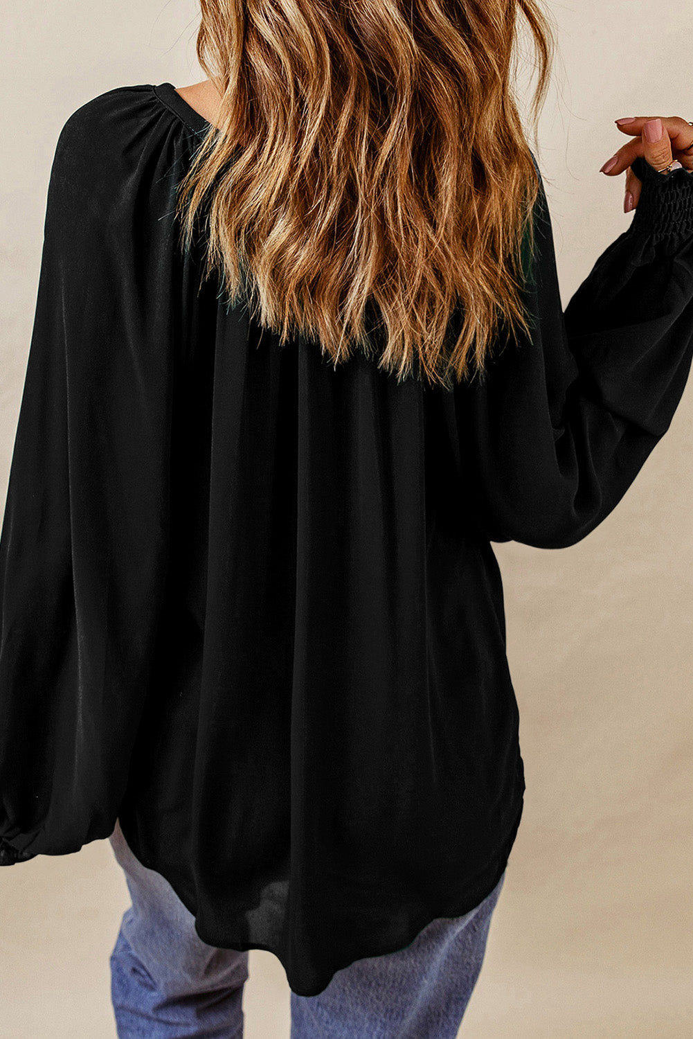 Notched Neck Lantern Sleeve Blouse - Charming Charlie