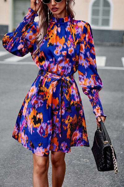 Printed Tie Waist Mock Neck Lantern Sleeve Dress - Charming Charlie