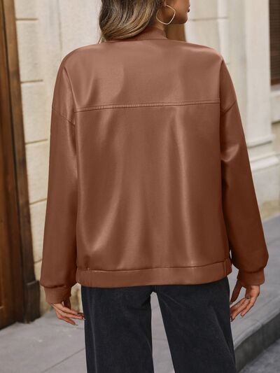 Zip Up Baseball Collar Dropped Shoulder Jacket - Charming Charlie