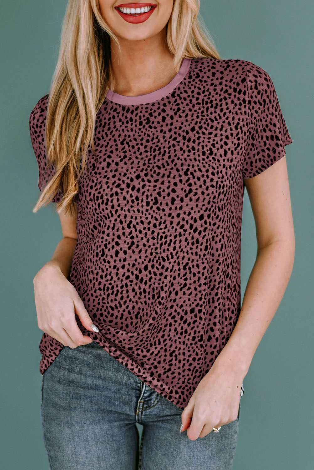 Animal Print Round Neck Short Sleeve T-Shirt - Charming Charlie