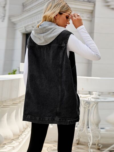 Drawstring Pocketed Button Up Sleeveless Denim Jacket - Charming Charlie