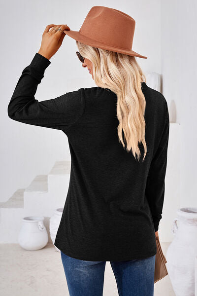 Notched Button Detail Long Sleeve T-Shirt - Charming Charlie