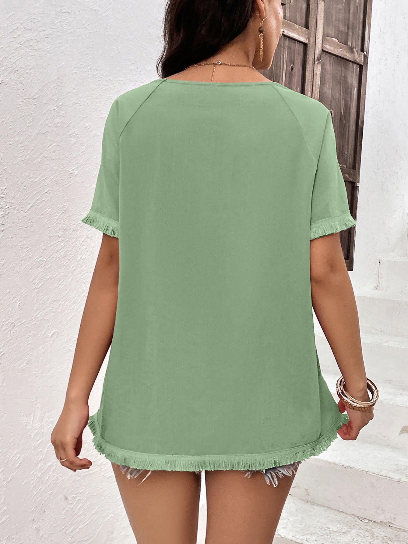 Round Neck Raglan Sleeve Fringe Detail Top - Charming Charlie