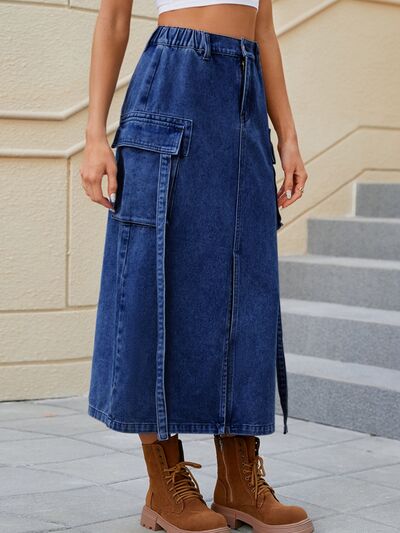 Slit Pocketed High Waist Denim Skirt - Charming Charlie