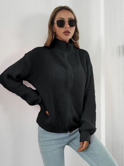 Turtleneck Zip Up Long Sleeve Knit Top - Charming Charlie