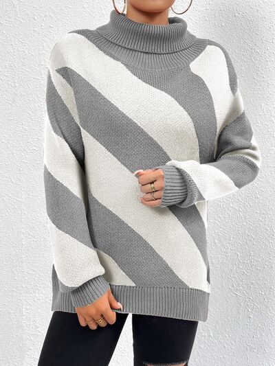Striped Turtleneck Dropped Shoulder Sweater - Charming Charlie