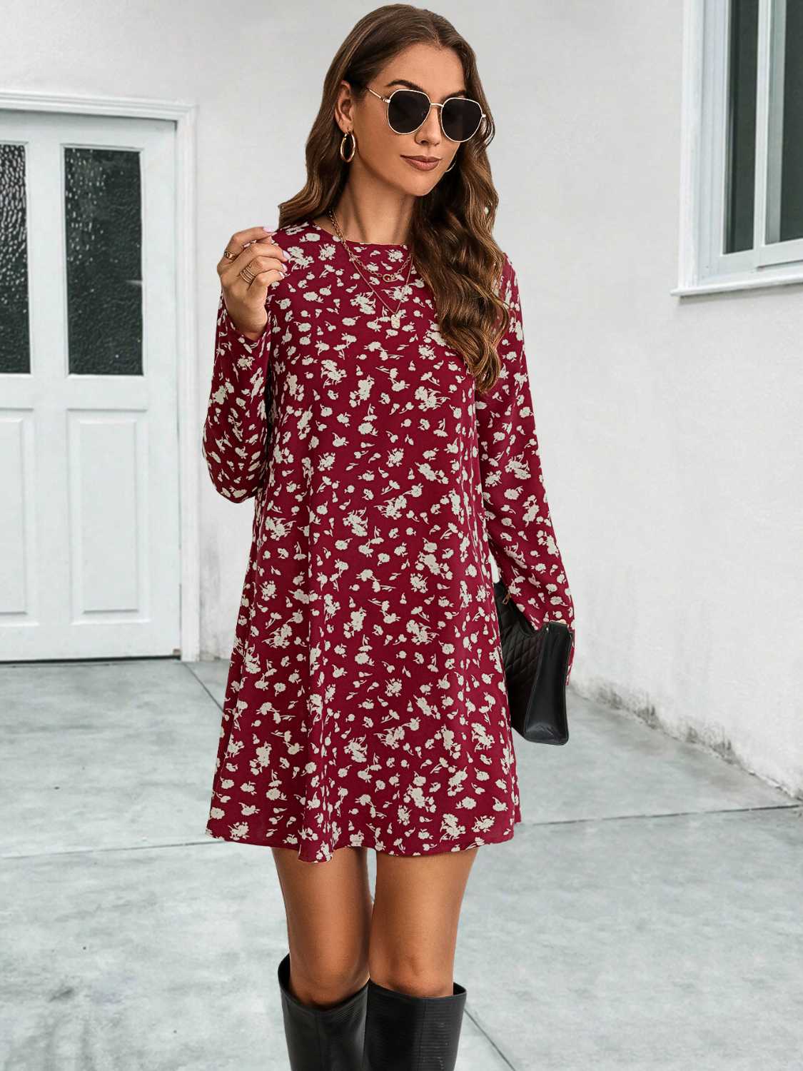 Round Neck Long Sleeve Mini Dress - Charming Charlie