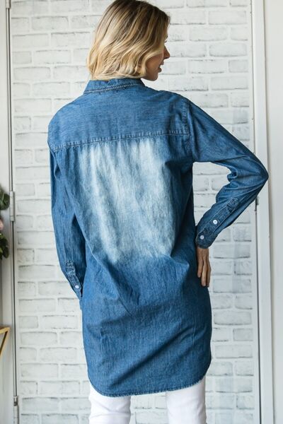 Veveret Pocketed Button Up Washed Denim Shirt - Charming Charlie