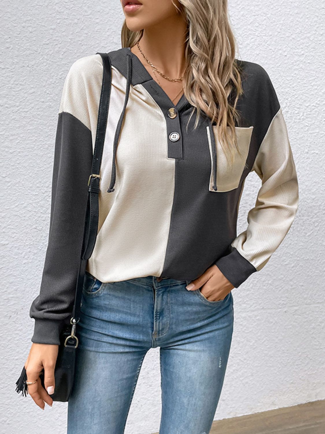 Contrast Color Button-Up Raglan Sleeve Hoodie - Charming Charlie