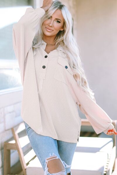 Collared Neck Half Button Long Sleeve Blouse - Charming Charlie