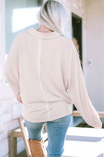 Collared Neck Half Button Long Sleeve Blouse - Charming Charlie