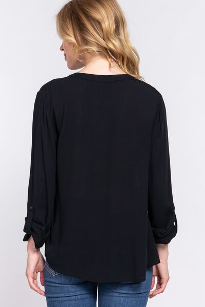 ACTIVE BASIC Full Size Notched Long Sleeve Woven Top - Charming Charlie